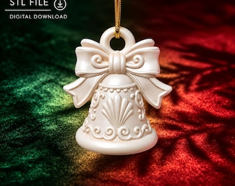 3D Printable Christmas Bell Ornament, Seashell Bow Design (STL File)
