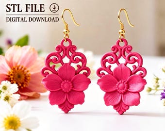 Sakura-Blumenohrringe (STL-Datei) | Elegante florale Filigran-Ohrhänger (Digitaler Download)
