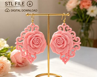Rose Dangle Earrings STL File , Floral Jewelry 3D Print Design (Digital Download)