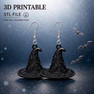 May include: A pair of black witch hat earrings with intricate swirl patterns, featuring silver-toned metal hooks. The image includes the text 3D PRINTABLE STL FILE DIGITAL DOWNLOAD and small silver bat graphics on a dark, sparkling blue background.