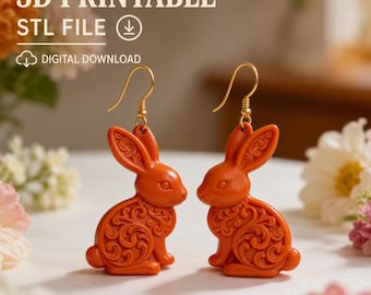 Ornamental Bunny Earrings STL File, 3D Print Dangle Jewelry (Digital Download)