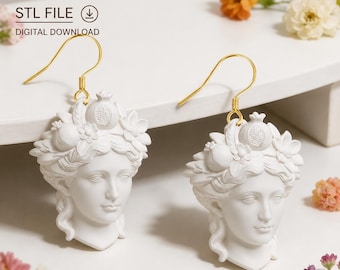 Persephone Goddess Earrings STL and 3mf File, Greek Mythology Pomegranate Floral Jewelry (Digital Download)