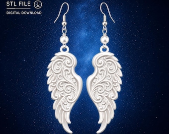 Celestial Angel Wing Earrings STL, Baroque Scrollwork Dangle 3D Print File