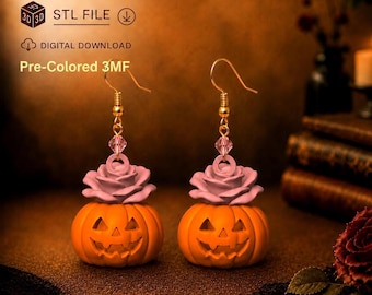 Halloween Rose Pumpkin Earrings&charm STL | Dual Color 3MF (Digital Download)