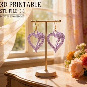 Carnation Heart Earrings STL, Floral Dangle 3D Print Jewelry File (Digital Download)