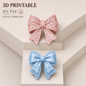 Peut inclure: Un fichier numérique STL imprimable en 3D représentant deux nœuds décoratifs. Le nœud supérieur est rose clair avec un motif en relief complexe. Le nœud inférieur est bleu clair avec un bord festonné et des détails en filigrane.