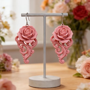 Archivo STL de pendientes colgantes de rosas, joyería con diseño floral en espiral para impresión 3D (descarga digital)
