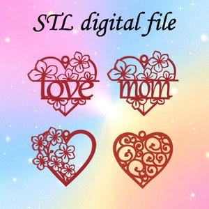 Mother’s day STL Files:4 Heart-Shaped dangle Earrings for Mom - 3D Printable file for jewelry set,Necklace Pendant, Digital Download, Gift