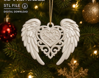 3D Printable Angel Wings Heart Ornament, Ornate Floral Filigree (STL File)