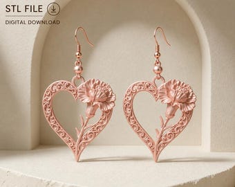 Carnation Heart Earrings STL, Floral Dangle 3D Print Jewelry File (Digital Download)