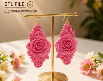 Rose Dangle Earrings STL File , Floral Jewelry 3D Print Design (Digital Download)