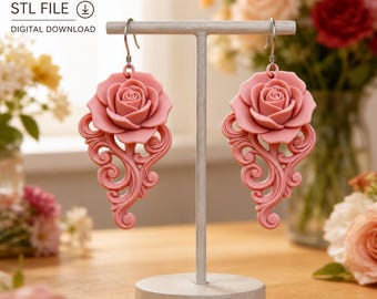 Rosenohrringe (STL-Datei), Schmuck mit floralem Rankenmuster (3D-Druckdatei, digitaler Download)