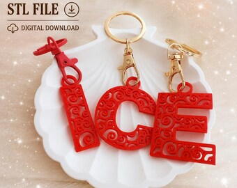 Cutout Alphabet Keychain STL File Set – 3D Printable Swirl Design (Digital Download)
