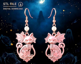 Gothic Skeleton Cat Earrings STL File, Botanical Halloween Jewelry (Digital Download)