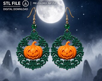 3D Printable Gothic Pumpkin Earrings, Floral Jack-O-Lantern Charm (Digital Download)