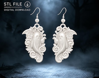 Bat Wing Ghost Earrings STL, Gothic Floral Halloween Charm (Digital Download)