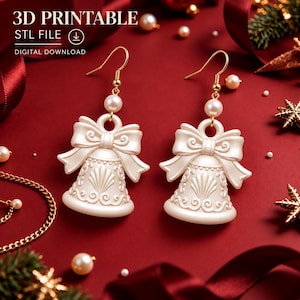 May include: A pair of white bell-shaped earrings with a bow detail and a single pearl accent on gold-tone hooks. The text 3D PRINTABLE STL FILE DIGITAL DOWNLOAD is visible at the top left of the image, indicating a digital product file.