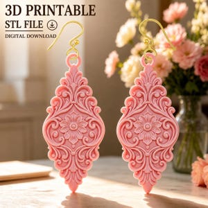 Floral Dangle Earrings 3D Print File, Baroque Earrings STL, Victorian Scrollwork Jewelry (Digital Download)