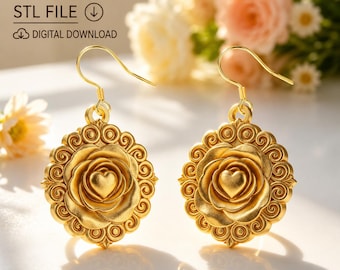 Rose-Heart Earrings STL | Baroque Floral Dangle 3D Print File (Digital Download)