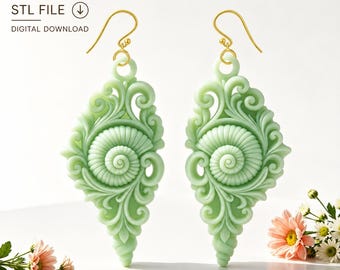 Ammonite Nautilus Shell Earrings STL, Baroque Filigree Dangle (3D Print File)