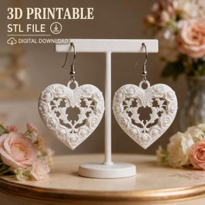 Heart Rose Earrings STL, Romantic Floral Lace Dangle 3D Print File