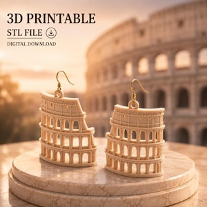 May include: A pair of beige earrings shaped like the Roman Colosseum, featuring intricate architectural arches and gold-toned metal hooks. The image includes the text 3D PRINTABLE, STL FILE, and DIGITAL DOWNLOAD, indicating a downloadable file.