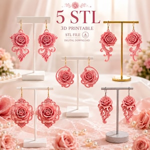 May include: Five sets of pink rose-shaped earrings displayed on T-shaped stands. The text 5 STL 3D PRINTABLE STL FILE DIGITAL DOWNLOAD is visible. Each pair features intricate floral designs with swirling patterns, suspended from metal hooks.