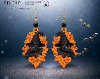 Halloween Raven Witch Hat Earrings STL, Gothic Crow Jewelry 3D Print File (Digital Download)