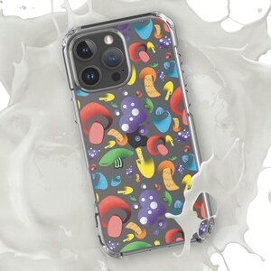 May include: A clear phone case with a colorful mushroom pattern. The case is designed for an iPhone with a camera bump.