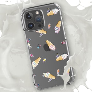 May include: A clear phone case with a gray background and a pattern of colorful ice cream cones. The ice cream cones have a swirl of pink, blue, and yellow ice cream.