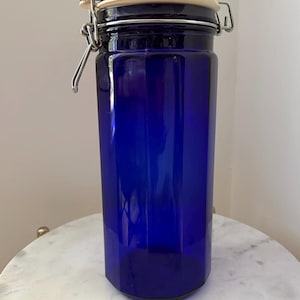 Vintage Cobalt Blue 12 panel Glass Jar Container Wire Bale Hinged Lid