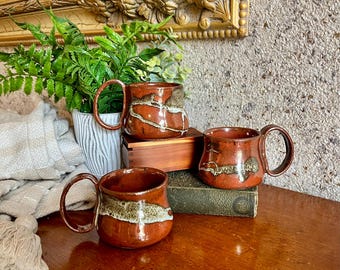 Handmade Pottery Mug Set: Burnt Sienna Drip Glaze, Wabi Sabi Stoneware