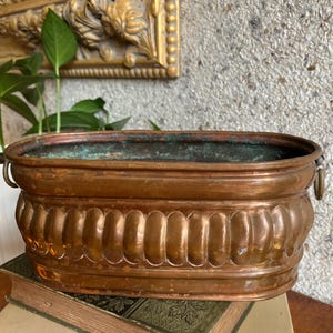 Vintage Copper Jardinière Planter – Ribbed Copper Cachepot – Ring Handles – Rustic Old World Décor