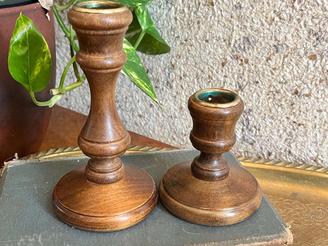 Vintage Turned Wood Candlestick Holders - Brass Accent, Modern Decor - Etsy