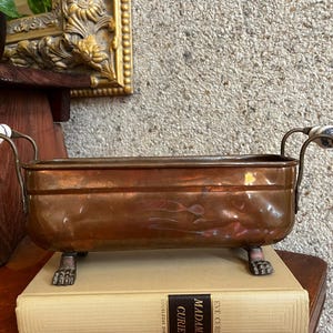 Vintage Rectangular Copper Jardinière Planter with Blue & White Ceramic Handles – Brass Paw Feet – Old World Patina Decor