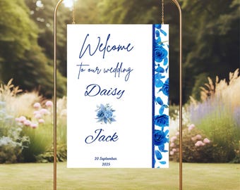 Blue Floral Wedding Welcome Sign: Editable Canva Template (Digital Download)