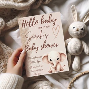 Invitación personalizable para baby shower: un bonito diseño de elefante para cualquier género