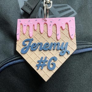 Custom Softball/Baseball Bag Tag – Ice Cream Drip Style – Personalized with Name & Number – Backpack Keychain – Handmade 3D Printed Gift