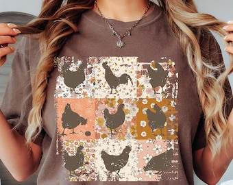 Comfort Colors® Boho Chickens Shirt, Retro Farmhouse Floral Backyard Chicken Tee, Cottagecore Aesthetic Clothing, Chicken Gift for Her