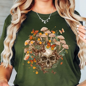 Bloom Skull Shirt, Mushroom Shirt, Halloween Shirt, Mushroom And Skull, Floral Skull Shirt, Womens Fall Shirts, Flower Skull Skeleton Shirt