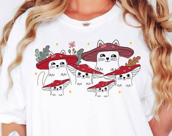 Mushroom Cat T-shirt, Goblincore Shirt, Cottage Core Shirt, Mushroom Lover Tshirt, Gift For Cat Lovers, Countrycore,Mushroom Shirt,Cat Lover
