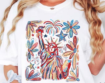 Retro 4th July Statue of Liberty Shirt, America USA Tees, America 4th July, 4th Of July, USA Flag, American Girl Shirt, America Flag Flower