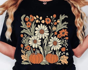 Boho Fall Floral Shirt, Retro Fall Tshirt, Autumn Vibes Shirt, Pumpkin Season Graphic Tee, Vintage Fall Pumpkin Aesthetic Vintage Fall Shirt