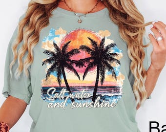 Comfort Colors® Salt Water and Sunshine T-shirt,Salty Mom,Trendy Summer Shirts,Beach Tee,Retro Beach Girl Shirt,Palm Tree Shirt,Sunset Shirt