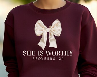She is Worthy Bow Sweatshirt, Women's Christian Shirts, Cute Christian Coquette Tshirt, Girly Faith Shirt, Trendy Christian Shirt Ideas Tee