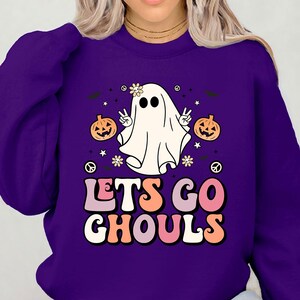 Retro Fall Ghost Sweatshirt, Halloween Graphic Tees for Women, Vintage Halloween Crewneck Shirt, Kids Halloween , Cute Let&#39;s Go Ghouls Shirt
