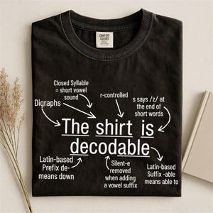 May include: A black crew neck t-shirt featuring white text that reads The shirt is decodable, with arrows pointing to linguistic labels including Digraphs, Closed Syllable, r-controlled, s says /z/, Latin-based Prefix de-, Silent-e, and Latin-based Suffix -able.