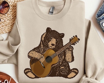 Bear Sweatshirt Gift, Bear Playing Guitar Shirt, Men's Bear Tee, Men's Graphic Tee, Bear Guitar Tee, Acoustic Guitar Gift,Gift For Guitarist