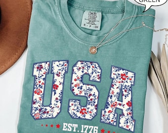 Comfort Colors Floral USA Shirt, American Girl Shirt, USA Est 1776 Shirt, Girly 4th of July Shirt, Patriotic Women Shirt, Flower USA Shirt