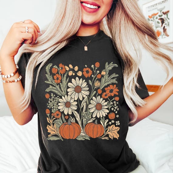 Boho Fall Floral Shirt, Retro Fall Tshirt, Autumn Vibes Shirt, Pumpkin Season Graphic Tee, Vintage Fall Pumpkin Aesthetic Vintage Fall Shirt